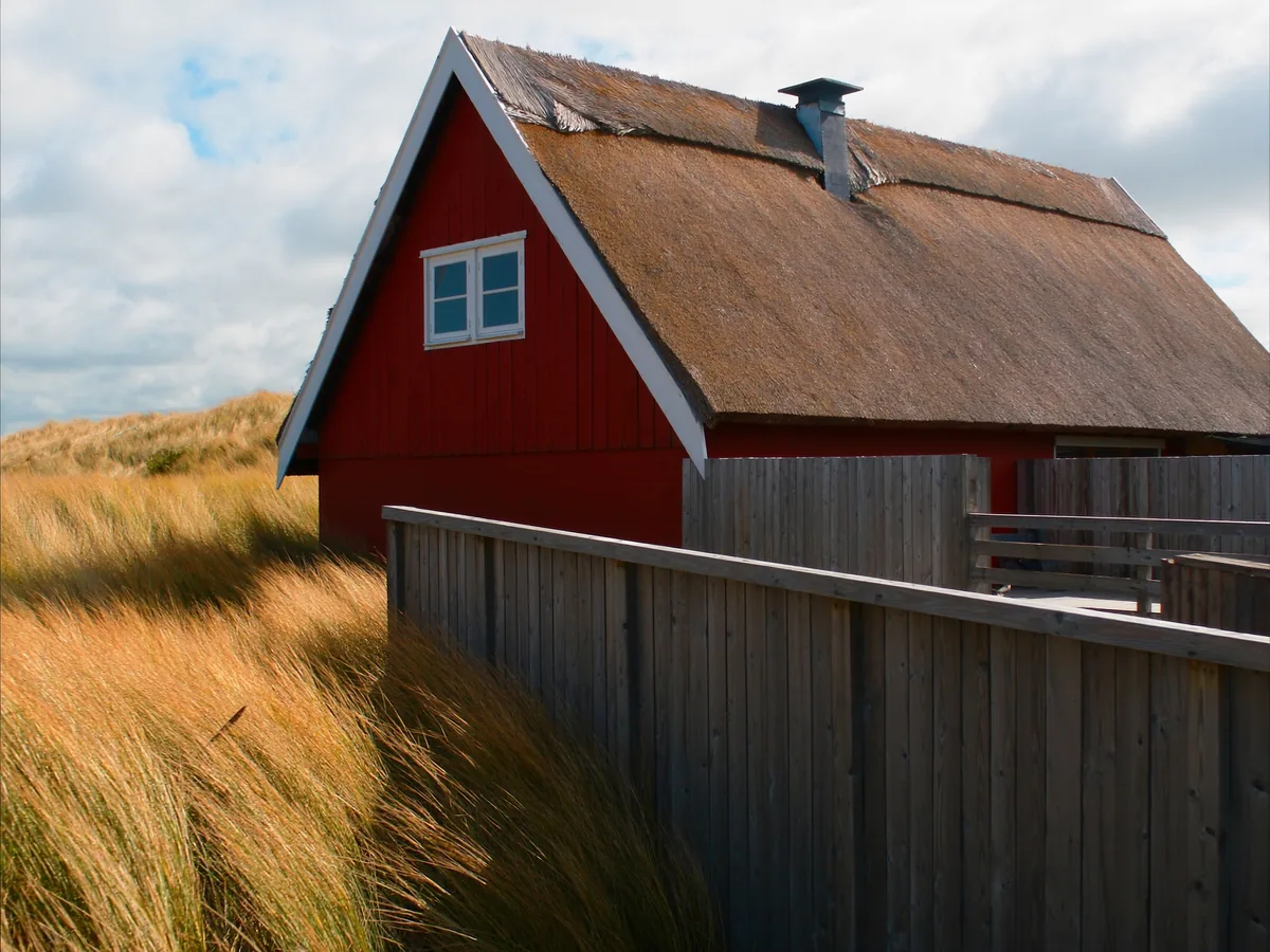 Rotes Ferienhaus mit Reetdach in Dünengras an der Nordseeküste